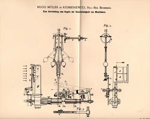 Original Patentschrift - H. Müller in Rzemieniewitz / Rzemieniewice , 1897 , Regelapparat für Windrad , Windräder !!!