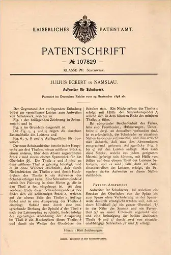 Original Patentschrift - J. Eckert in Namslau / Namyslów , 1898 , Aufweiter für Schuhe , Schuhmacher , Schuster !!!
