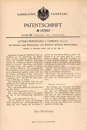 Original Patentschrift - A. Monticolo in Carrara , 1898 , Taglio di roccia con seghe !!!
