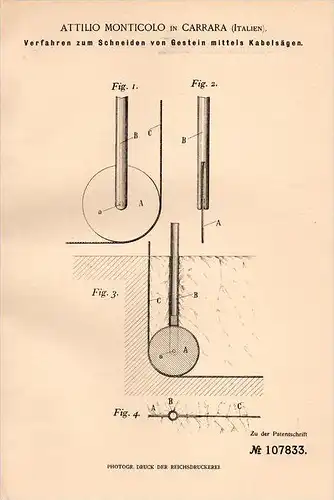 Original Patentschrift - A. Monticolo in Carrara , 1898 , Taglio di roccia con seghe !!!