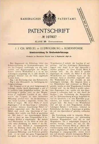 Original Patentschrift - J.Ch. Spiegel in Ludwigsburg b. Eckernförde , 1898 , Schutz für Straßenbahn !!!
