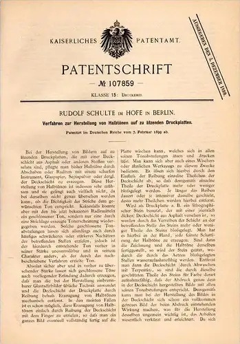 Original Patentschrift - R. Schulte im Hofe in Berlin , 1899 , Herstellung von Halbtönen auf Druckplatten , Druckerei !!