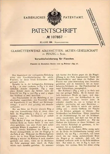 Original Patentschrift - Glashüttenwerk in Penzig / Piensk i. Schl., 1899 , Sicherung für Flaschen , Glas !!!