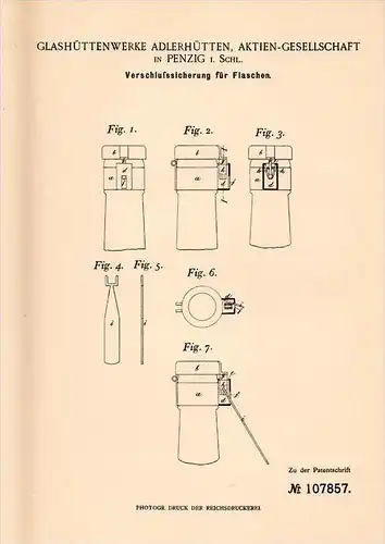 Original Patentschrift - Glashüttenwerk in Penzig / Piensk i. Schl., 1899 , Sicherung für Flaschen , Glas !!!