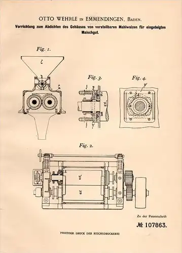 Original Patentschrift - Otto Wehrle in Emmendingen , 1898 , Apparat für Mahlwalzen , Maische , Brauerei , Bier !!!
