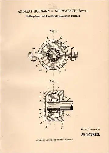 Original Patentschrift - A. Hofmann in Schwabach , 1898 , Roll - Kugellager , Maschinenbau !!!