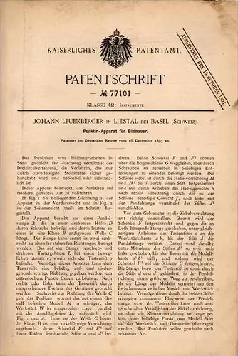 Original Patentschrift - J. Leuenberger in Liestal b. Basel , 1893 , Punktirapparat für Bildhauer , Kunst !!!