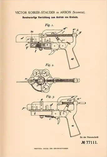 Original Patentschrift - V. Kobler - Stauder in Arbon , 1894 , Revolverantrieb für Kreisel !!!