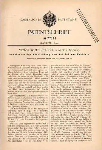 Original Patentschrift - V. Kobler - Stauder in Arbon , 1894 , Revolverantrieb für Kreisel !!!