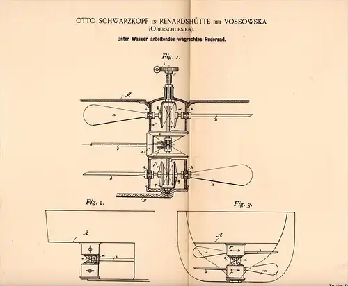 Original Patentschrift - O. Schwarzkopf in Renardshütte b. Kolonowski / Colonnowska , 1894 , Ruderrad für Schiffe !! !!!