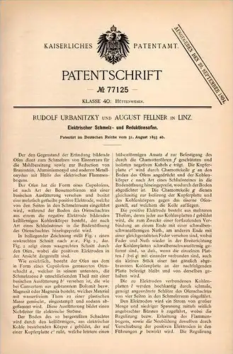 Original Patentschrift - R. Urbanitzky und A. Feller in Linz , 1893 , elektrischer Reduktionsofen , Eisenerz!!!
