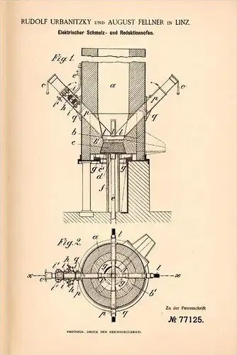 Original Patentschrift - R. Urbanitzky und A. Feller in Linz , 1893 , elektrischer Reduktionsofen , Eisenerz!!!
