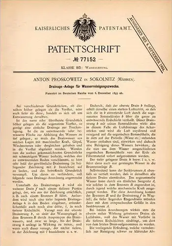 Original Patentschrift - A. Proskowetz in Sokolnitz / Sokolnice , 1893 , Drainage - Anlage für Wasserreinigung !!!