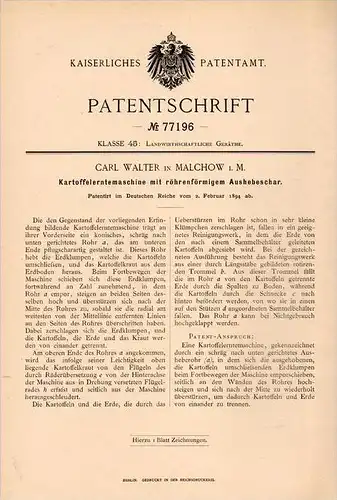 Original Patentschrift - Carl Walter in Malchow i. Meckl., 1894 , Kartoffelerntemaschine , Landwirtschaft , Agrar !!!