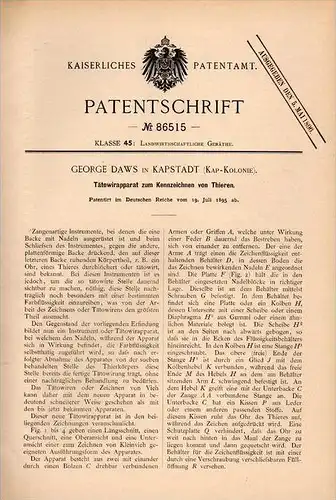 Original Patentschrift - G. Daws in Kapstadt , 1895 , Apparat zum Tätowieren von Tieren , Tätowierer , Tierarzt !!!