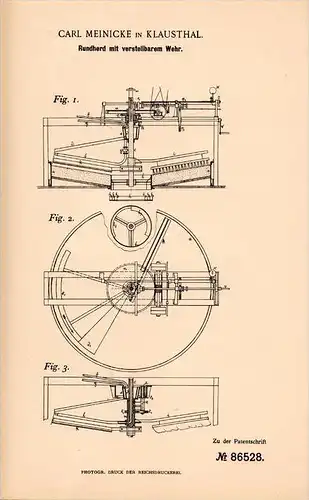 Original Patentschrift - C. Meinicke in Clausthal , 1895 , verstellbarer Rundherd , Erz , Zellerfeld !!!