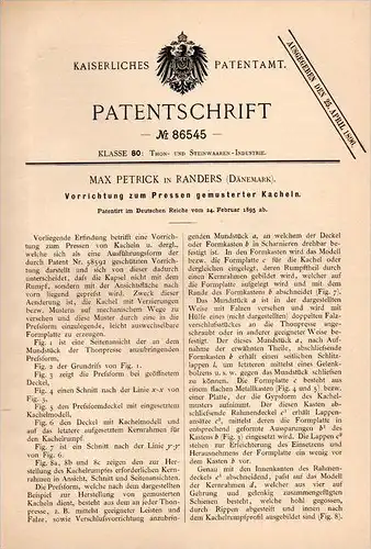 Original Patentschrift - Max Petrick in Randers , 1895 , Apparat zum Pressen von Kacheln , Kachel , Fliesen , Denmark !