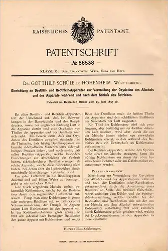 Original Patentschrift - Dr. G. Schüle in Hohenheim b. Stuttgart , 1895 , Destillirapparat - Einrichtung , Brauerei !!!