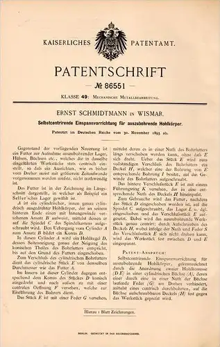 Original Patentschrift - E. Schmidtmann in Wismar i. Meckl., 1895 , Einspanner für Hohlkörper , Metallbau , Mecklenburg