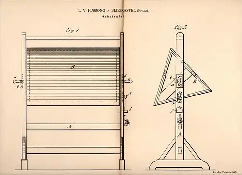 Original Patentschrift - L.V. Hussong in Blieskastel , Pfalz , 1884 , Schultafel , Tafel , Schule !!!