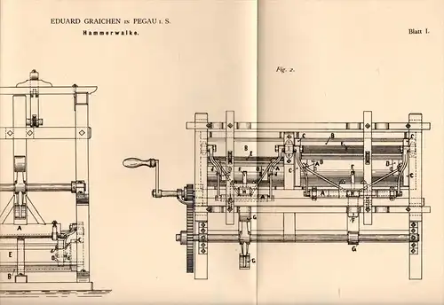 Original Patentschrift - Eduard Graichen in Pegau i.S., 1884 , Hammerwalke , Filz !!!