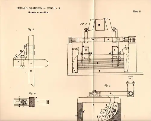 Original Patentschrift - Eduard Graichen in Pegau i.S., 1884 , Hammerwalke , Filz !!!