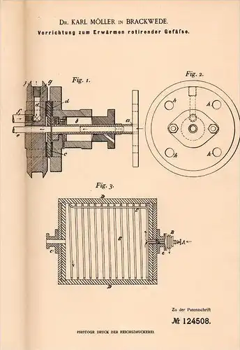 Original Patentschrift - Dr. K. Möller in Brackwede b. Bielefeld , 1900 , Apparat für rotierender Gefäße , Kupferhammer