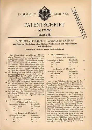 Original Patentschrift - Dr. W. Wolters in Ildehausen b. Seesen , 1902 , Phosphorsäure mit Kieselsäure , Chemie !!!