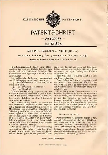 Original Patentschrift - M. Paulsen in Vejle , Denmark , 1901 , Rührapparat für gehacktes Fleisch , Metzger !!!