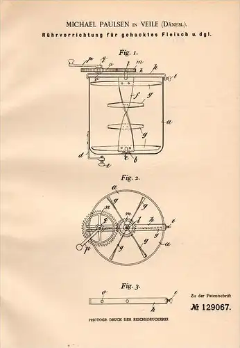 Original Patentschrift - M. Paulsen in Vejle , Denmark , 1901 , Rührapparat für gehacktes Fleisch , Metzger !!!