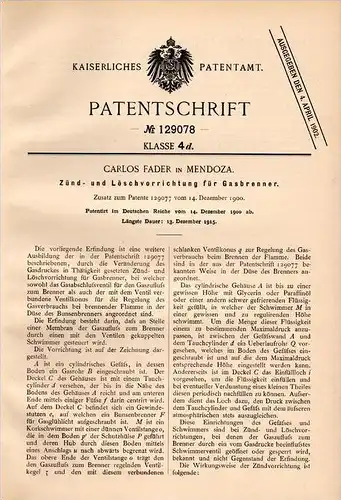 Original Patentschrift - Carlos Fader in Mendoza , 1900 , Zünder für Gasbrenner , Brenner !!!