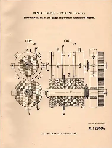Original Patentschrift - R. Fréres à Roanne , Loire ,1901 , Laminoir de couteaux !!!