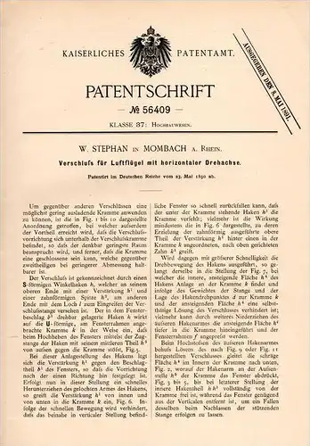 Original Patentschrift - W. Stephan in Mombach b. Mainz , 1890 , Luftflügel - Verschluß , Hochbau , Hausbau , Bau !!!