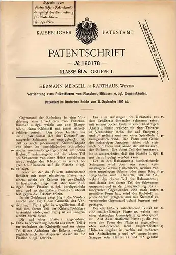 Original Patentschrift - H. Mergell in Karthaus , Westpr., 1905 , Apparat zum Etikettieren , Etikett , Flaschen , Dosen