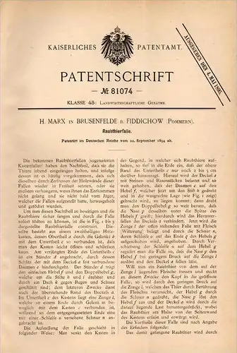 Original Patentschrift - H. Marx in Fiddichow / Widuchowa i. Pommern , 1894 , Raubtierfalle , Jagd , Tier , Falle !!!