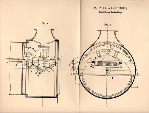 Original Patentschrift - M. Hauck in Lichtenfels i. Bayern , 1894 , verstellbarer Funkenfänger , Feuerung , Heizung !!!