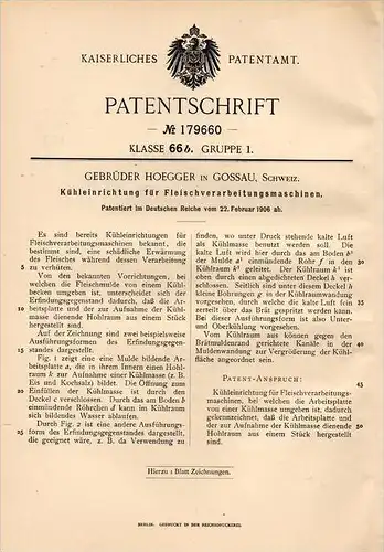 Original Patentschrift - Gebr. Hoegger in Gossau , 1906 , Kühler für Fleischverarbeitung , Fleisch , Metzger !!!