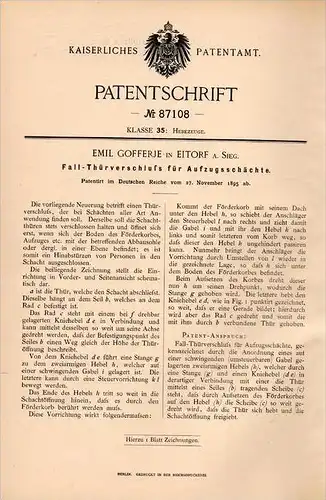 Original Patentschrift - E. Gofferje in Eitorf a. Sieg , 1895 , Aufzug - Türverschluß , Fahrstuhl , Lift !!!