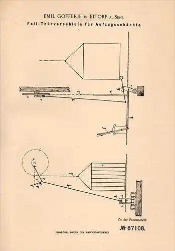 Original Patentschrift - E. Gofferje in Eitorf a. Sieg , 1895 , Aufzug - Türverschluß , Fahrstuhl , Lift !!!