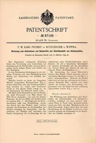 Original Patentschrift - K. Probst in Ritzgerode b. Wippra , 1895 , Werkzeug für Schuhe , Schuhmacher , Sangerhausen !!!