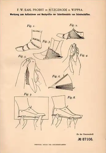 Original Patentschrift - K. Probst in Ritzgerode b. Wippra , 1895 , Werkzeug für Schuhe , Schuhmacher , Sangerhausen !!!