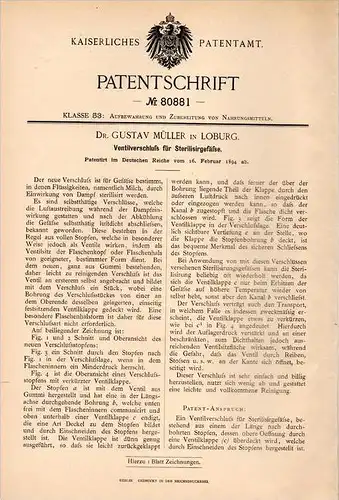 Original Patentschrift - Dr. G. Müller in Loburg b. Möckern , 1894 , Ventil für Sterilisiergefäße , Milch , Molkerei !!!