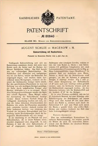 Original Patentschrift - A. Schlee in Hagenow i. Meckl. , 1892 , Sieb mit Kastenrinne , Mühle , Müller !!!