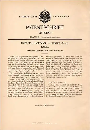 Original Patentschrift - F. Hoffmann in Kandel i. Pfalz , 1894 , Faßhahn , Zapfhahn , Kneipe , Bar , Schankgeräte !!!