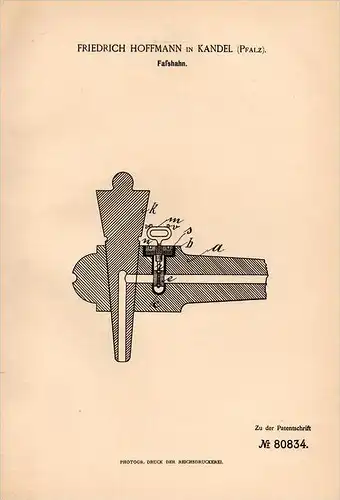 Original Patentschrift - F. Hoffmann in Kandel i. Pfalz , 1894 , Faßhahn , Zapfhahn , Kneipe , Bar , Schankgeräte !!!