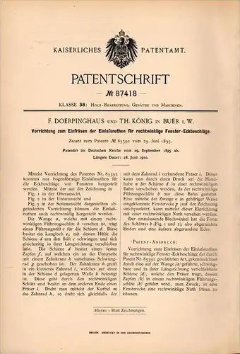 Original Patentschrift - F. Doerpinghaus in Buer i.W., 1895 , Fräser für Fenster , Fensterbau , Vest , Recklinghausen !!