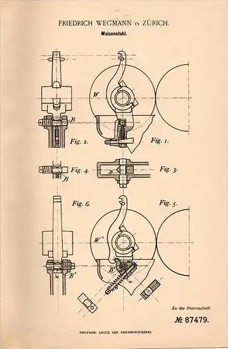 Original Patentschrift -  F. Wegmann in Zürich , 1895 , Walzenstul , Mühle , Müller !!!