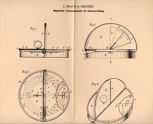 Original Patentschrift - L. Braun in Dresden , 1895 , Taschen . Sonnenuhr , Sonne , sundial , cadran solaire !!!