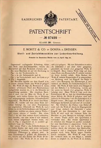 Original Patentschrift - E. Moritz & Co. in Dohna b. Dresden , 1895 , Maschine für Leder , Gerberei !!!
