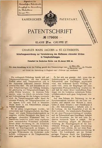 Original Patentschrift - Ch. Jacobs in St. Cuthberts , 1906 , Circuit for telephone !!!